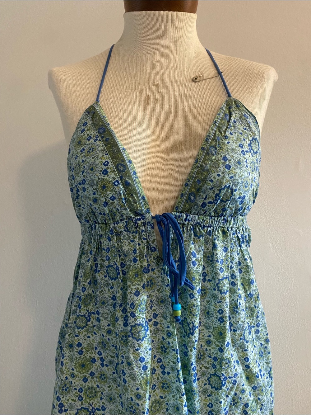 Vintage Blue and Green Floral Halter Cotton Maxi Dress Size S - Picture 4 of 11
